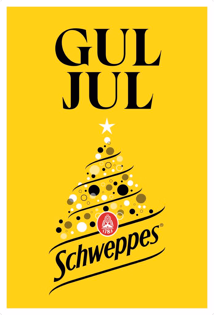Egenprodusert julekampanje for Schweppes, med et juletre og teksten "Gul Jul"